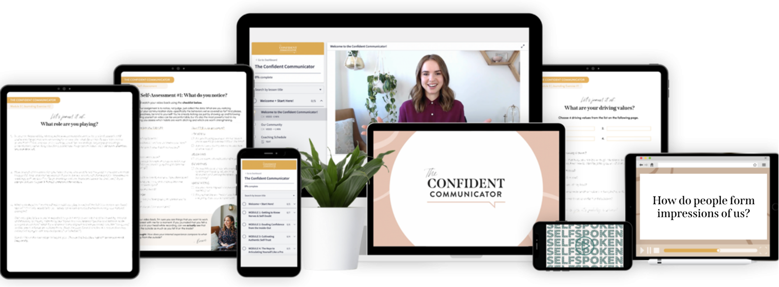 The Confident Communicator course portal shown on laptop, tablet and phone