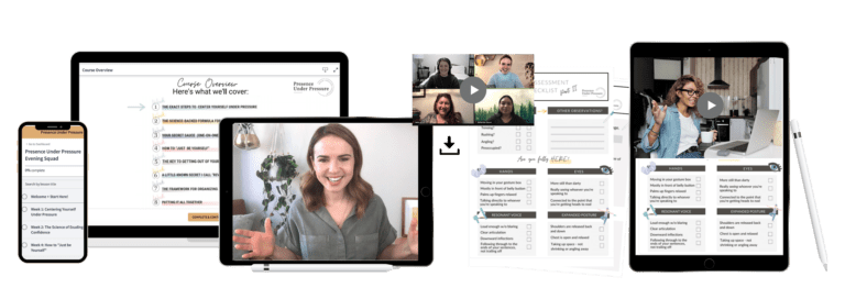 Presence Under Pressure course portal shown on laptop, tablet and phone